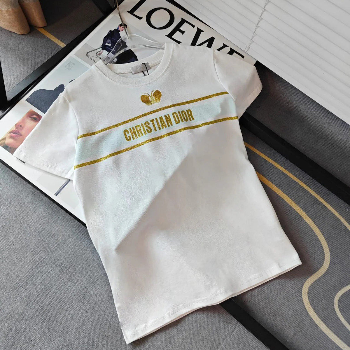 Gold Tone Logo Embroidered Butterfly T-Shirt