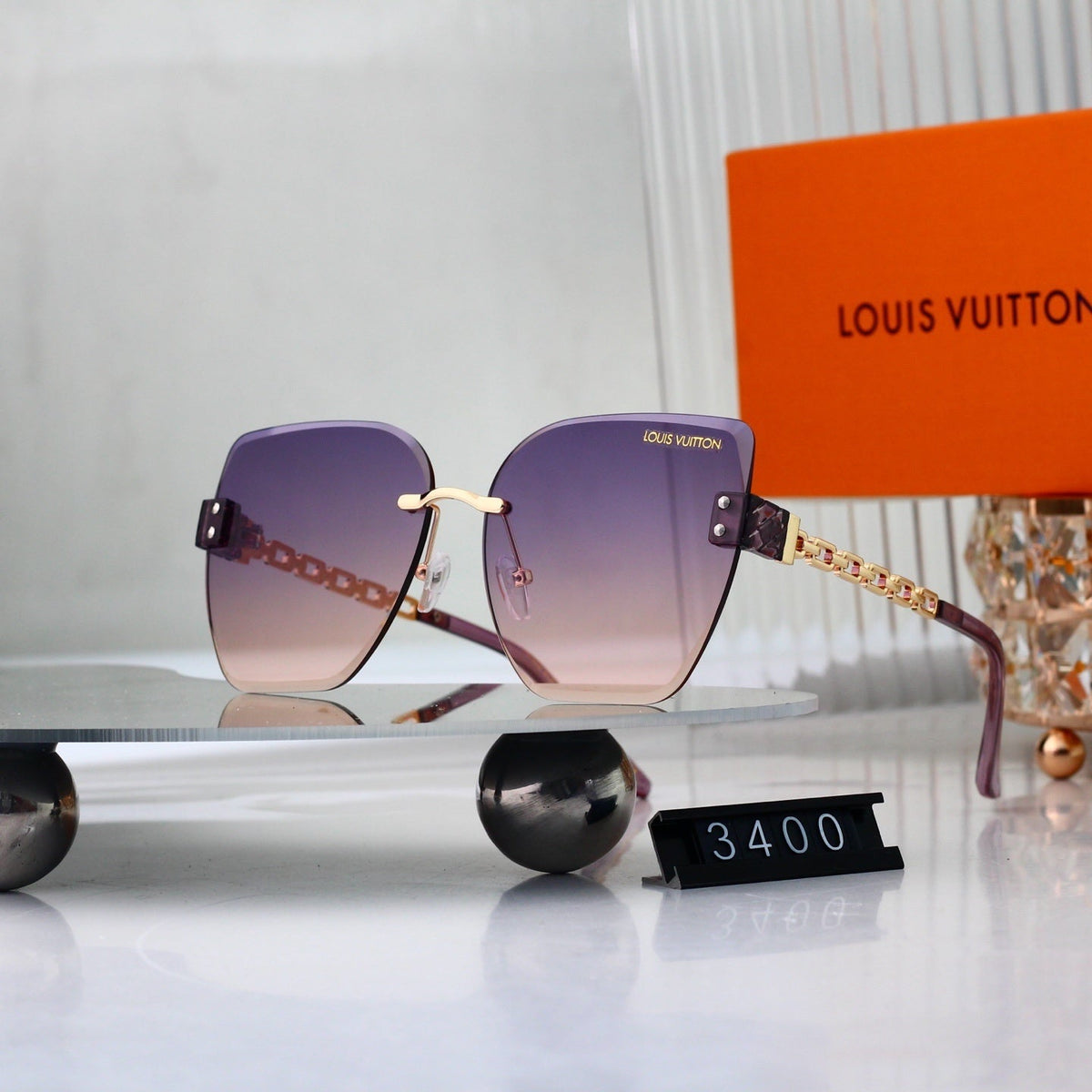 Chain Glow Rimless Sunglasses with Metal Chain Detail (Model 3400)