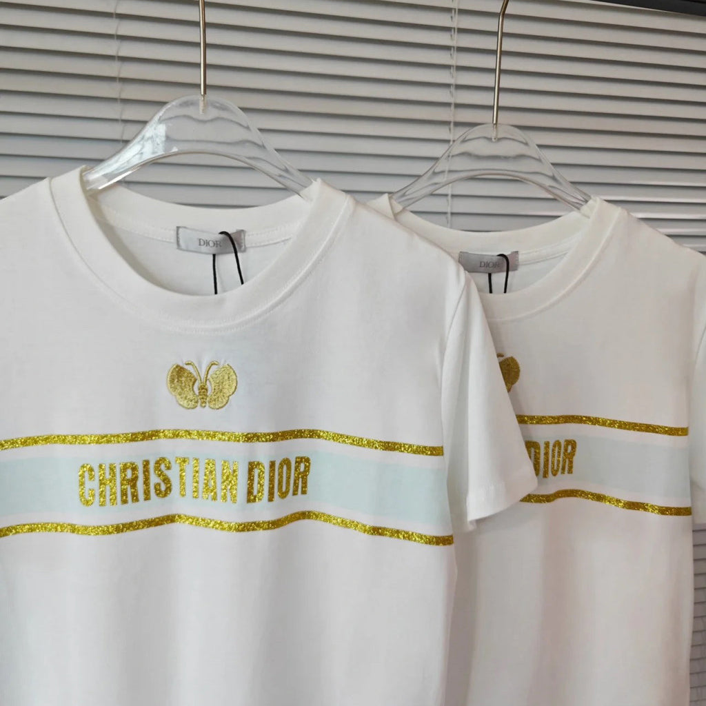 Gold Tone Logo Embroidered Butterfly T-Shirt