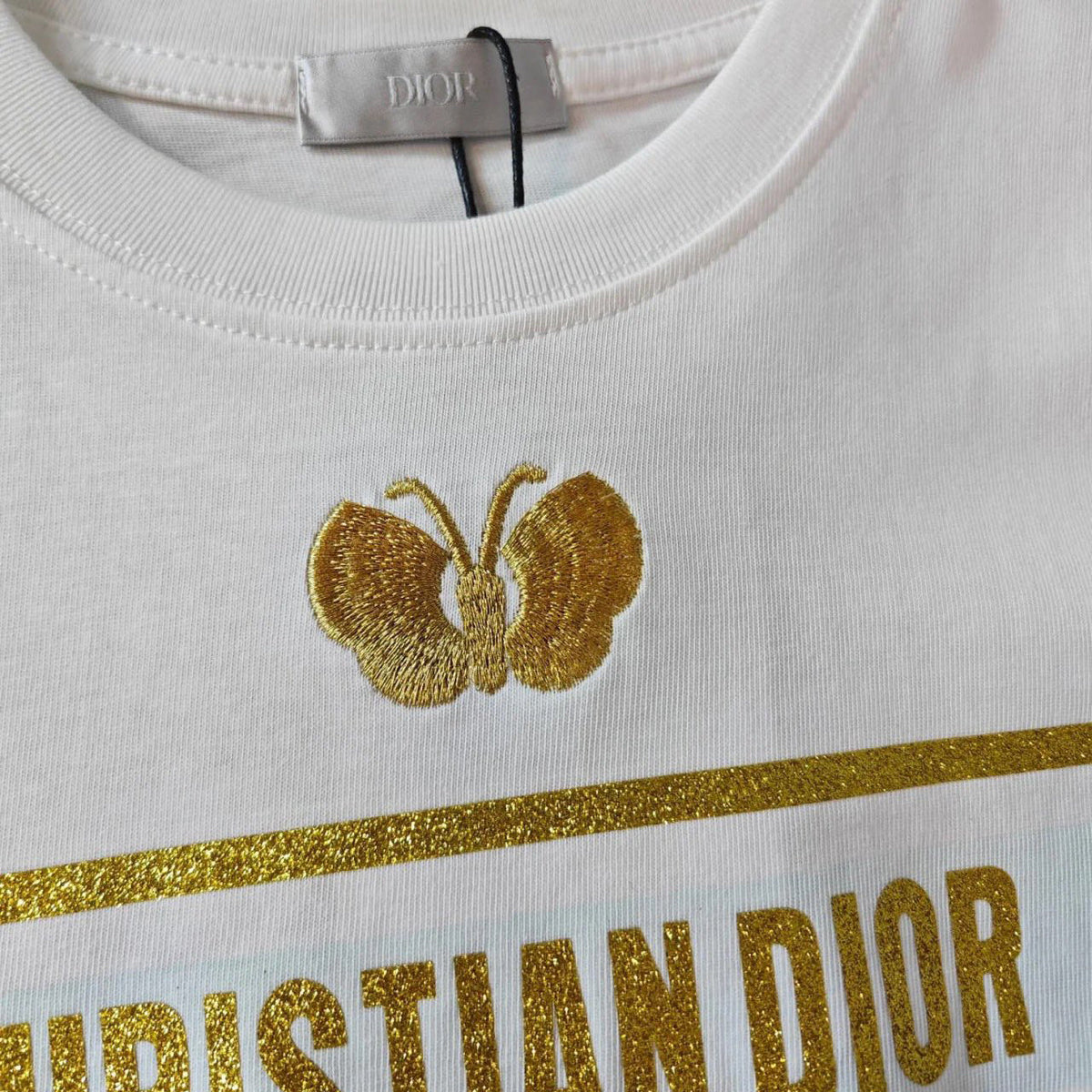 Gold Tone Logo Embroidered Butterfly T-Shirt