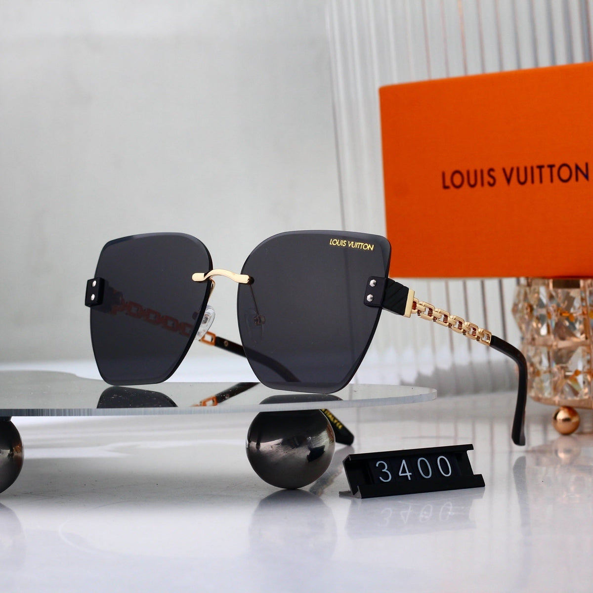 Chain Glow Rimless Sunglasses with Metal Chain Detail (Model 3400)
